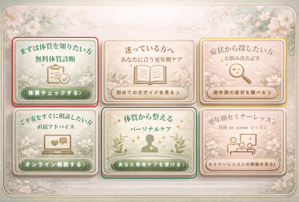 LINEリッチメニュー。下段中央の『体質から整えるパーソナルセルフケア』からお申し込みください